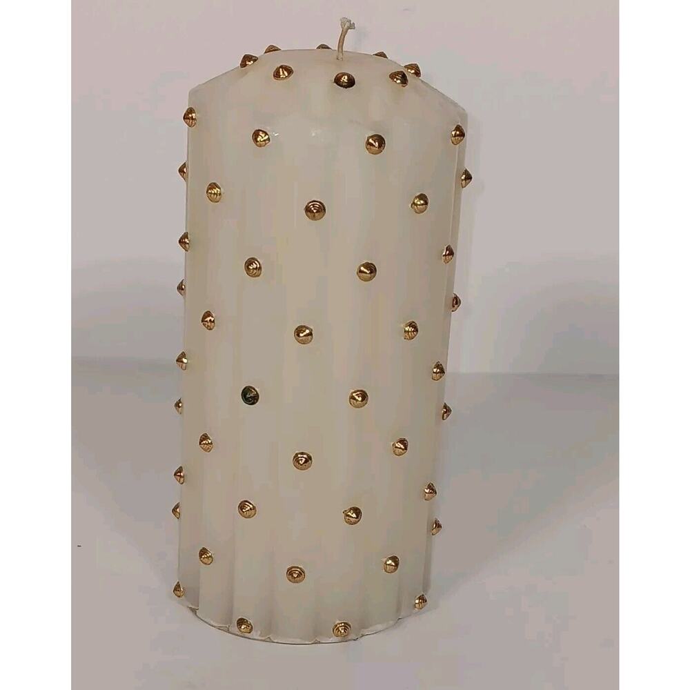 Vintage KAOS Ivory with Gold Beaded Pillar Candle Ornate Luxury 6.5”